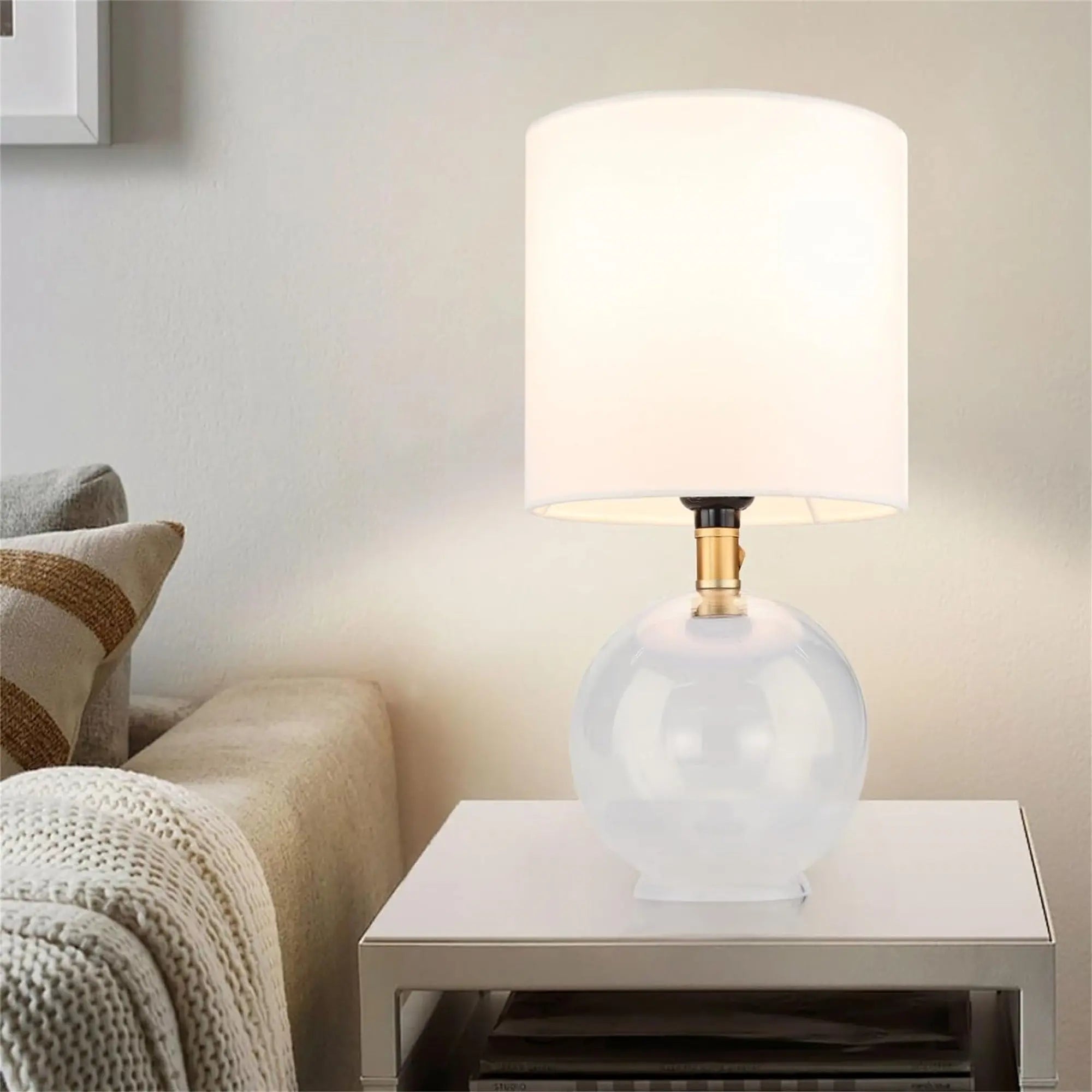 Glass Bedside Table Lamp with Fabric Shade for Bedroom Decor Trollective