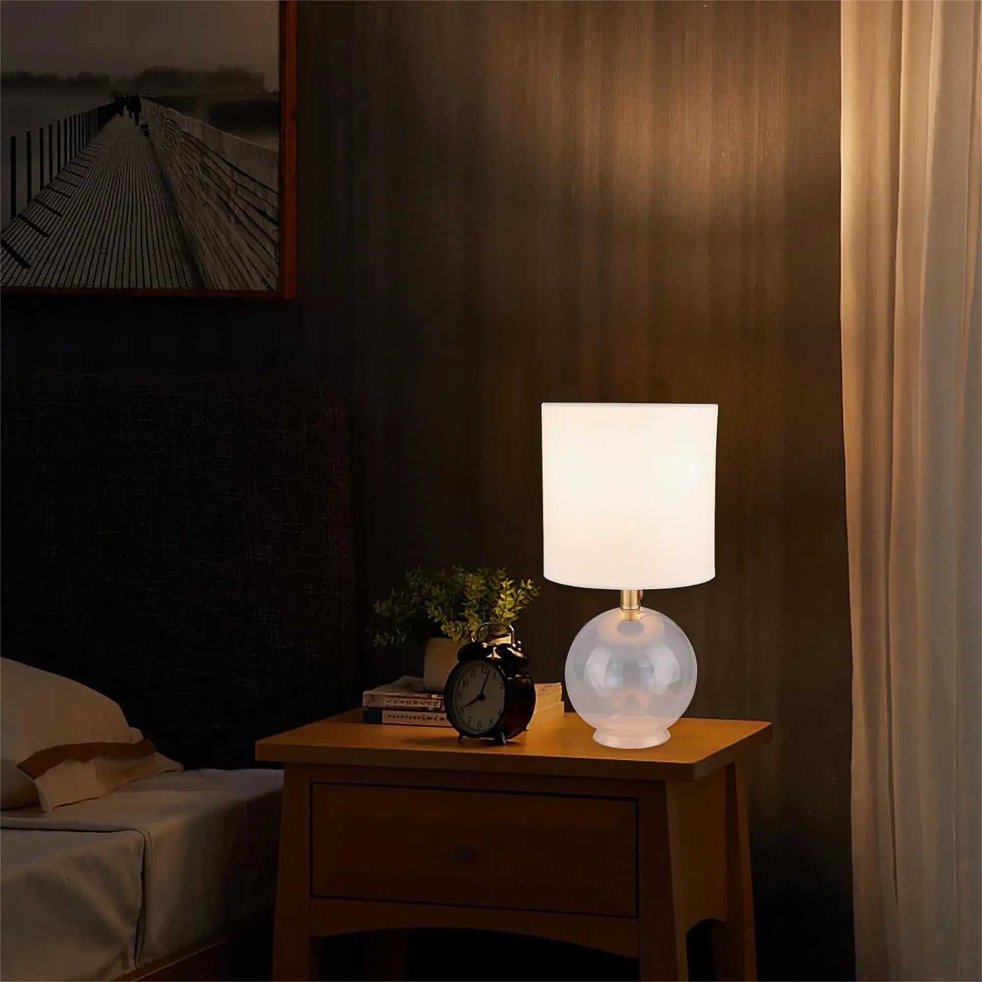 Glass Bedside Table Lamp with Fabric Shade for Bedroom Decor Trollective